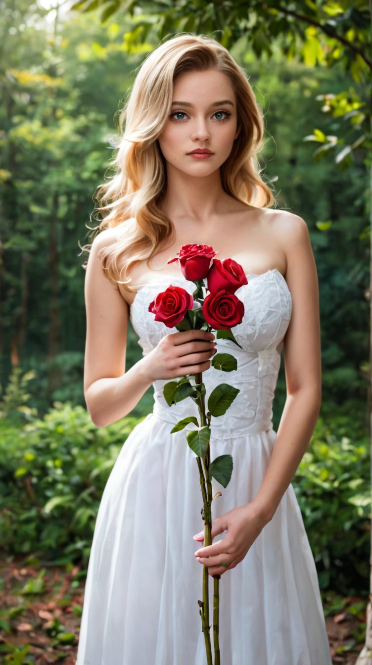 score_9, score_8_up, score_7_up, Ultra Realistic, A majestic of beautiful woman, spotlighting the ornate details of her white attire, holding a red rose radiates confidence amidst an enchanted forest bathed in soft golden light. Her striking features, including long hair flowing like moonlit rivulets, command attention as towering trees loom in the background, their twisted branches weaving a hypnotic dance of twigs and leaves. 