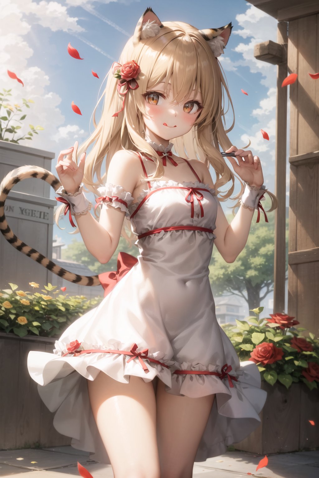 (best quality),(masterpiece),1girl,solo,animal ears,flower,tail,dress,blonde hair,long hair,very long hair,tongue,tongue out,bangs,bare shoulders,red flower,hands up,wrist cuffs,yellow flower,tiger tail,backless outfit,backless dress,looking at viewer,cat ears,closed mouth,striped tail,tiger ears,white dress,rose,tiger girl,cat tail,animal ear fluff,blush,ribbon,outdoors,orange flower,petals,day,:q,brown eyes,frilled dress,frills,smile,hair between eyes,cat girl,pleated dress,depth of field,blue sky,black ribbon,red rose,looking to the side,red ribbon,polka dot,<lora:human_preference_lora_alpha:0.5>,