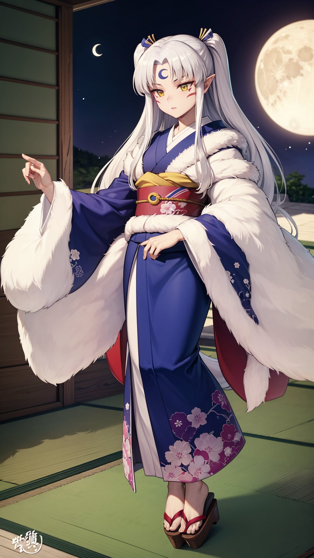 (masterpiece, best quality),ray tracing,absurdres, HDR,Sesshomaru imoto, 1girl, japanese clothes, solo, kimono, long hair, white hair, crescent, forehead mark, full body, facial mark, pointy ears, d, sash,fur,  two side up, fur, obi, yellow eyes, moon on the forehead, tabi, geta<lora:Sesshomaru imoto:0.7>