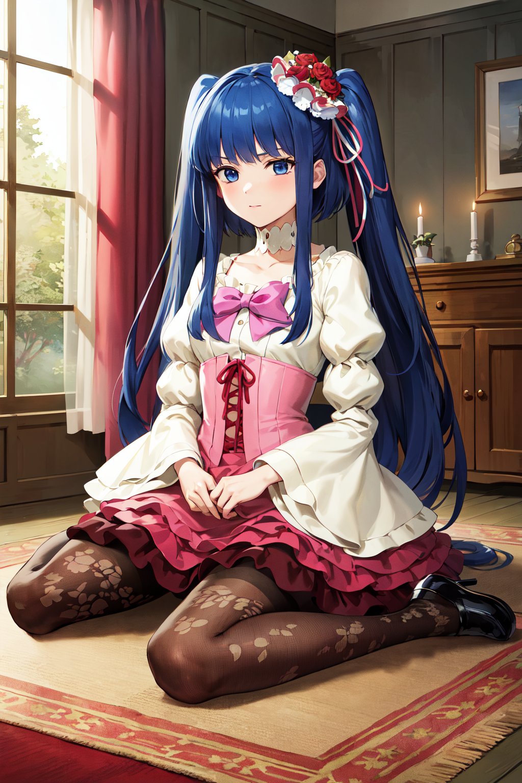 masterpiece, best quality, highres, aaerika, long hair, twintails, hair ornament, choker, pink bow, frilled dress, layered dress, pantyhose, print legwear, <lora:furudo_erika_v1:0.7>, wariza, room, carpet, indoors, candle, 