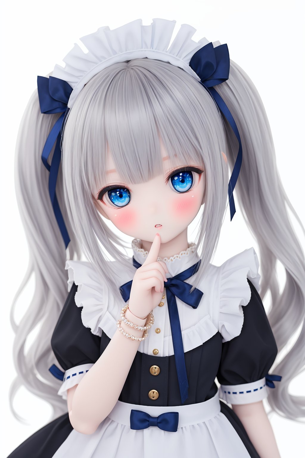 1girl, blue eyes, solo, long hair, ribbon, looking at viewer, twintails, bangs, blush, jewelry, maid headdress, bracelet, hair ribbon, grey hair, blue ribbon, short sleeves, apron, dress, parted lips, white background, index finger raised, bow, simple background, hand up, maid, upper body, doll, BJD, dtghdg254793, stfhgd796we2, adsderl931sq, cute