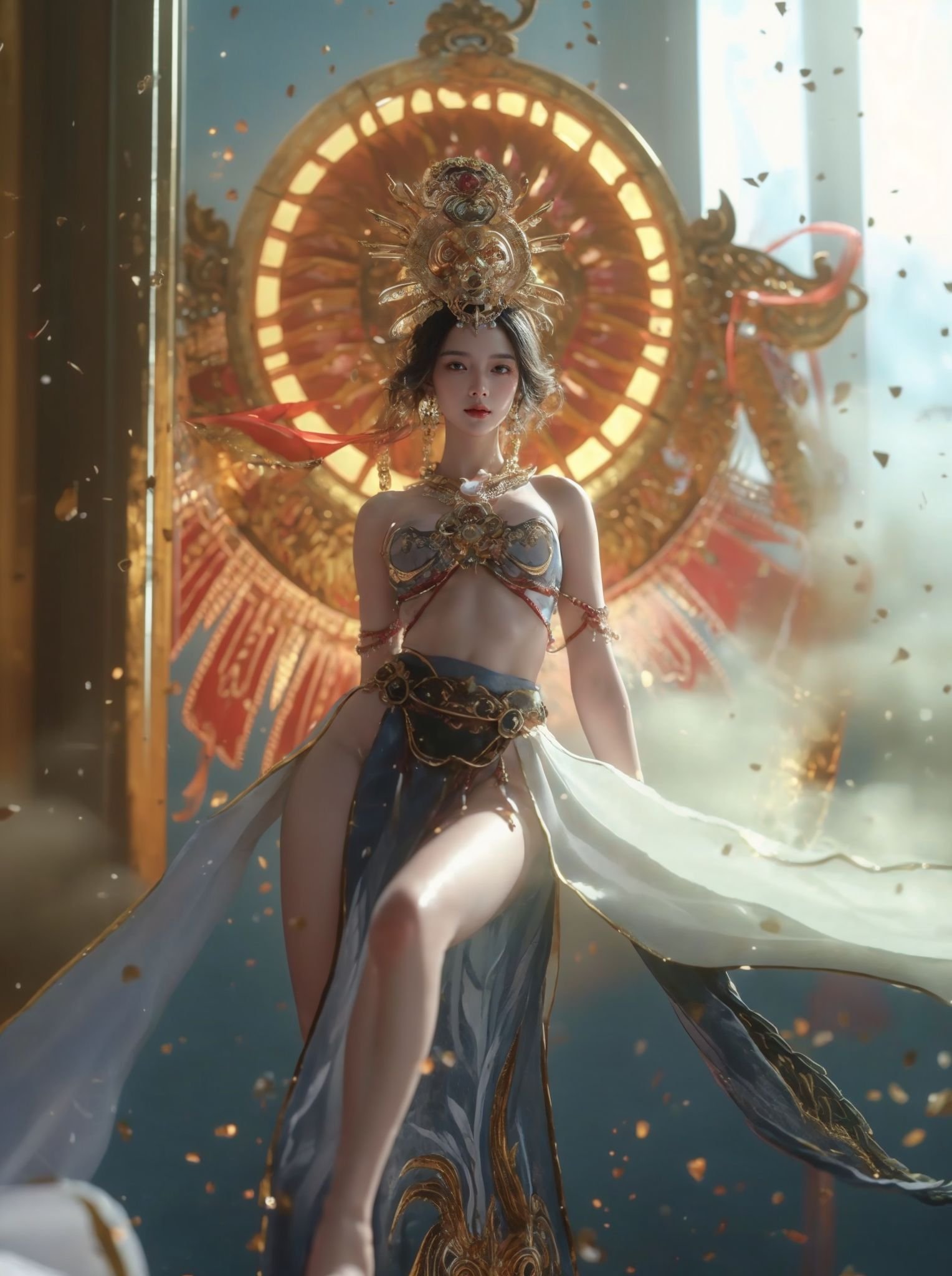 xuer Chinese goddess,1girl,jewelry,black hair,earrings,solo,necklace,bare legs,bare shoulders,navel,midriff,breasts,barefoot,<lora:绪儿-中国女神 xuer Chinese goddess:0.75>,<lora:xuer a sense of story girl_20240320200924:0.5>,