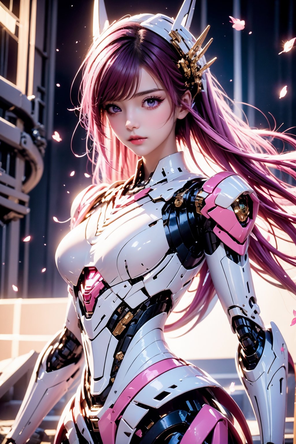 <lora:AgainRealistic_v2.0:1>, AgainRealistic_v2.0, 1girl, solo, long hair, pink hair, looking at viewer, blurry, blurry background, breasts, headgear, pink eyes, lips, petals, floating hair, very long hair, upper body, joints, medium breasts, android, depth of field, science fiction, falling petals, closed mouth, parted lips, robot joints, purple eyes, light particles, pink lips, building, hair ornament, mechanical arms, eyelashes, outdoors, swept bangs, mechanical parts, small breasts, standing, expressionless