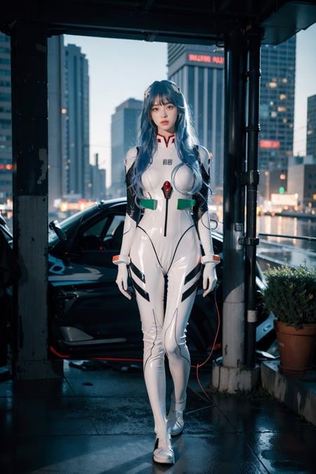 best quality, masterpiece, photorealistic, 1girl, solo, looking at viewer, bangs, full body, closed mouth, expressionless, standing, ayanami_cosplay_costume, plugsuit, blue hair, ayanami rei, pilot suit, cosplay, long hair, interface headset, hairpods, gloves, bracer, skin tight, ( ruins:1.4), night, neon light, cyberpunk, science fiction, future city, detailed background, <lora:ayanami_cosplay_costume_v2:0.65>