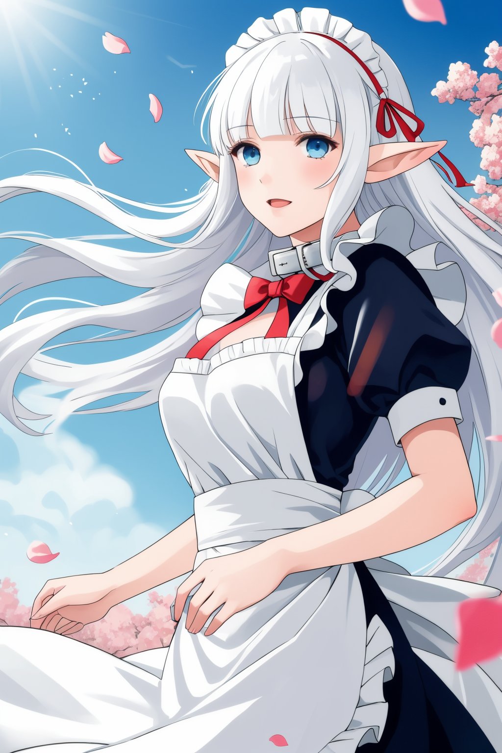 realistic,Nephelia,1girl,pointy ears,blue eyes,very long hair,white hair,elf,maid,collar,braid,blunt bangs,hair ribbon,<lora:lbc_Nephelia_v1.0:0.8>,((breeze)), flying splashes, flying petals, wind,