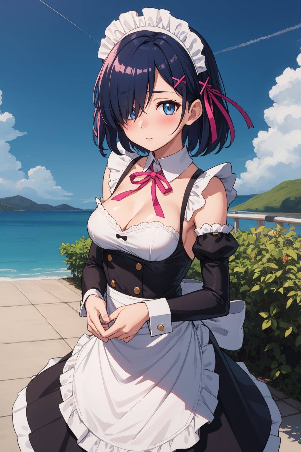 1girl, solo, breasts, looking at viewer, blush, short hair, blue eyes, hair ornament, dress, ribbon, medium breasts, blue hair, hair ribbon, outdoors, detached sleeves, sky, day, hair over one eye, apron, blue sky, maid, maid headdress, x hair ornament, pink ribbon