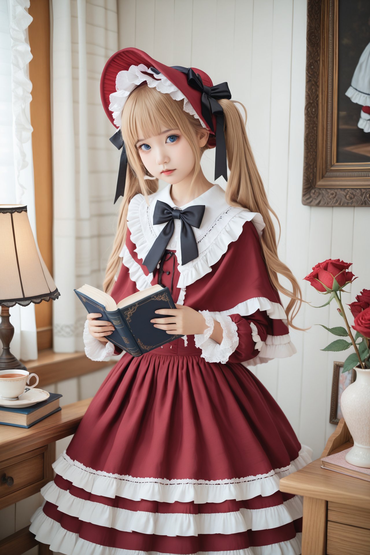 masterpiece,Realism,best quality,loli,1girl,blonde hair,shinku,dress,book,blue eyes,solo,bonnet,bow,holding,flower,lamp,rose,looking at viewer,long hair,red dress,black bow,frills,bowtie,realistic,long sleeves,indoors,frilled dress,cup,lips,lolita fashion,red headwear,capelet,lace trim,twintails,holding book,black bowtie,teacup,open book,lace,red flower,picture frame,standing,closed mouth,hat,painting (object),red rose,lace-trimmed sleeves,blunt bangs,nose,ribbon,head tilt,desk lamp,