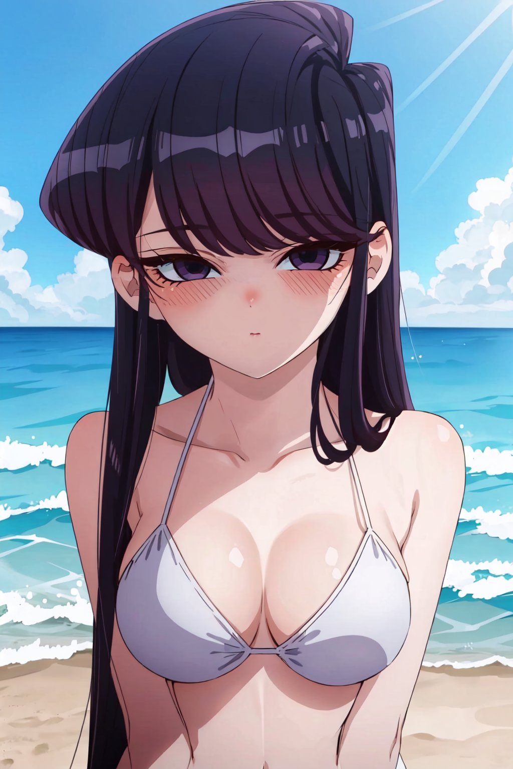 ShoukoKomi, Shouko Komi, (8k, high definition), upper body, loose hair, long eyelashes, loose hair, long hair, long sideburns, purple eyeliner, perfect eyes, embarrassed, blushing, high definition, highly detailed eyes, highly detailed, full body, bikini, white bikini, beach, sea, sun, looking_at_viewer<lora:EMS-333743-EMS:1.000000>