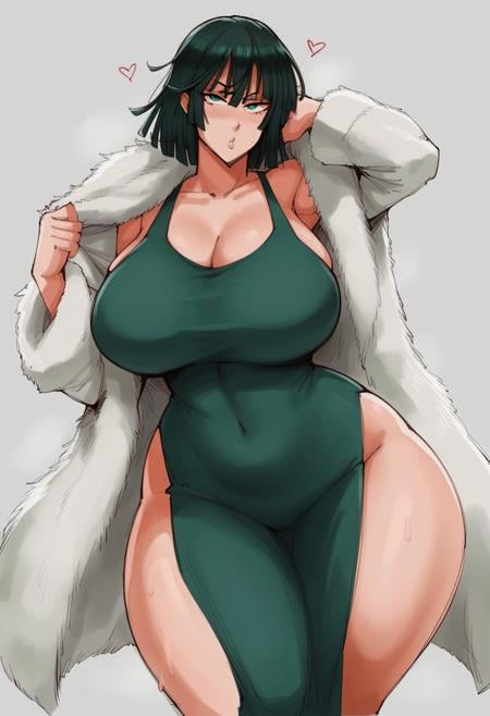 1girl, female, solo, huge breasts, thick thighs, wide hips, huge ass, Fubuki, One Punch Man, green dress, fur coat, paranoiddroid style BREAK score_9, score_8_up, score_7_up, rating_safe <lora:paranoiddroid:0.7>