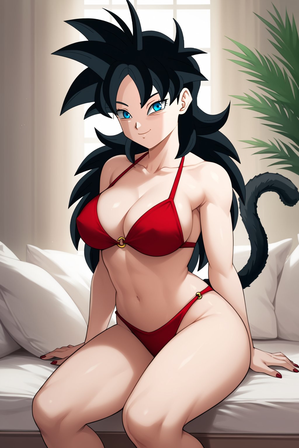 score_9, score_8_up, score_7_up, 1girl, solo, beautiful, mature woman, sitting, red bikini, anikka_lluminartis, long hair, breasts, smile, blue eyes, large breasts, black hair, tail, spiked hair, super saiyan, monkey tail, <lora:anikka-lluminartis:1>, 