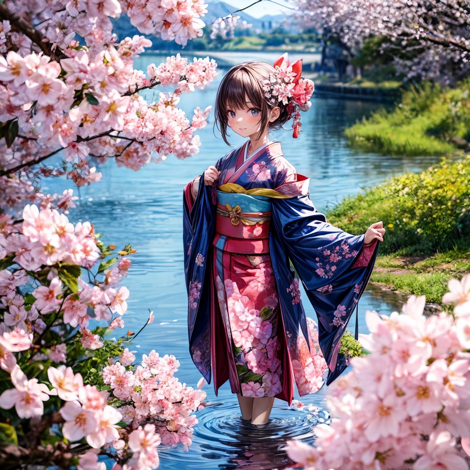 (masterpiece,ultra-detailed,best quality,8K,illustration,shaved:1.2),(petite girl:1.2) <lora:add_detail:1.5>,   kimono,<lora:cherry blossom:0.8> cherry blossom,river,