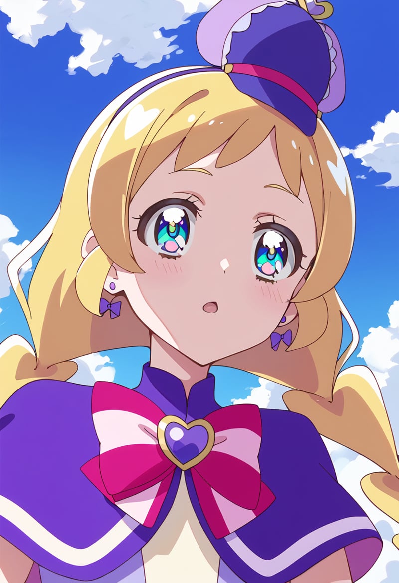 score_9, score_8_up, score_7_up, source_anime, BREAKcure friendy, blonde hair, 1girl, earrings, solo, long hair, open mouth, :o, blue sky, cloud, day, , bowtie, striped bow, upper body, pink bow, outdoors, blue eyes, aqua eyes, green eyes, multicolored eyes, twintails, purple bow, looking up, multicolored neckwear, striped neckwear, mini witch hat, pink neckwear, portrait, blush, close-up, cloudy sky, hair bow, drill locks, heart earrings, looking at viewer, anime coloring, purple capelet, face, twin braids, purple dress, tilted headwear, simple background, drill hair, flat color, heart brooch, purple headwear, dot nose, striped clothes, dress bow, multicolored bow, from below, bow earrings<lora:cure_friendy_inukai_iroha_sdxl_locon_pony_v1:0.7>