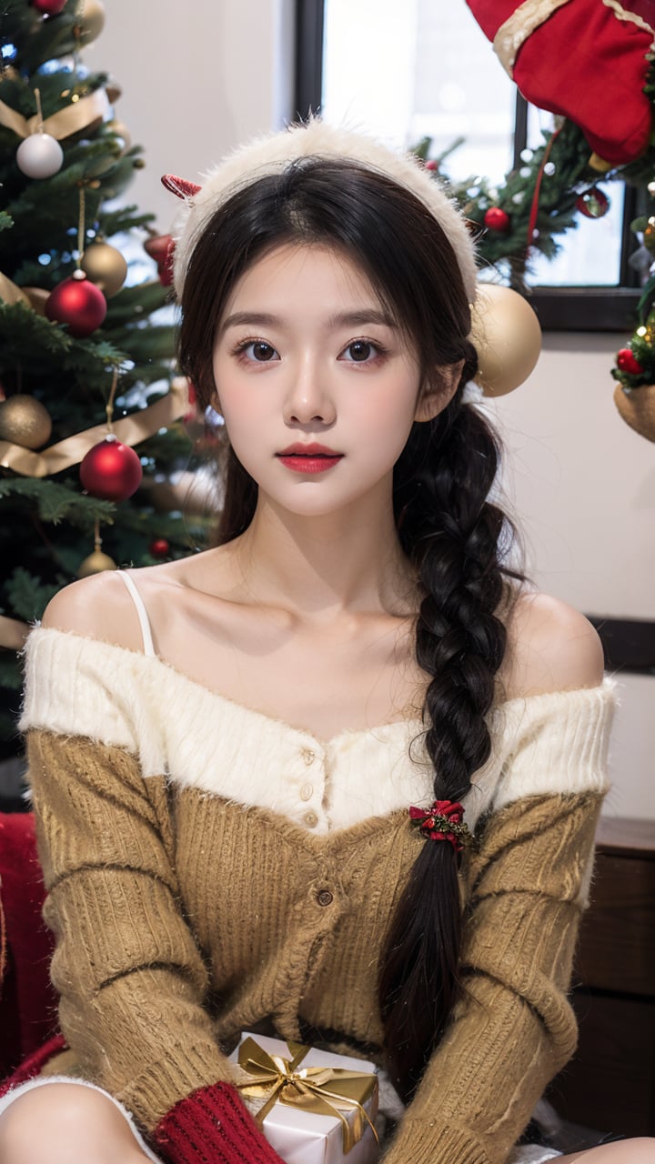 1girl,antlers,bare_shoulders,bell,black_hair,box,braid,candy,candy_cane,christmas,christmas_lights,christmas_ornaments,christmas_tree,fake_antlers,fireplace,gift,gift_bag,gift_box,hair_over_shoulder,heart-shaped_box,holding_gift,holly,kneehighs,long_hair,long_sleeves,looking_at_viewer,merry_christmas,off-shoulder_sweater,realistic,reindeer,reindeer_antlers,reindeer_costume,sack,santa_costume,santa_hat,shorts,sitting,snow,snowflakes,socks,solo,sweater,twin_braids,v_arms,valentine,white_legwear,white_shorts,wreath,<lora:meinv102:1>,