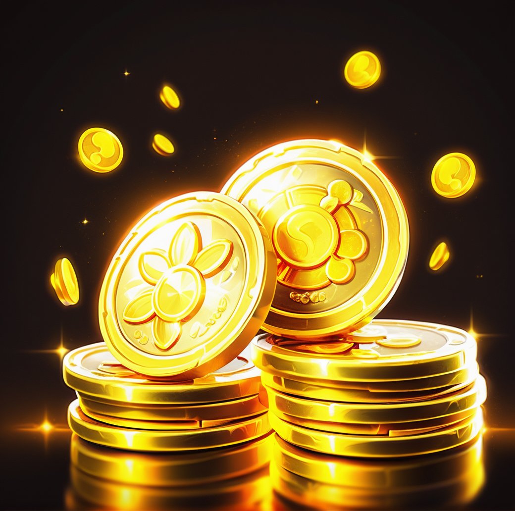 Digital game illustration, gold coins, treasure, currency, shiny, glowing, sparkles, wealth, stacked, mysterious symbol, orange light, warm color tone, digital illustration, game asset, high-resolution, close-up, wealth concept ,<lora:游戏-000002:0.6>