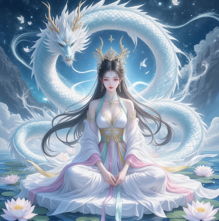 Chinese mature woman,Sitting cross-legged on a white lotus throne and a golden hat above his head,in anime style appearance,White Hanfu,golden crown,eyes closed,1girl,jewelry,long hair,hands out of hydrangea,hands tighhighs,see see Holding,see body,lovely little princess,dragon lady,with a pair of dragon horns ((masterpiece,best quality))) on her head,((good structure, good composition,good glowing translucent), Translucent of women),tiny golden accents,beautifully and intricately detailed,ethereal glow,whimsical,art by Mschiffer blue theme,off original,view (beautiful),transparent,shiny_clothes,pink chest pleated skirt,white with yellow pibo,pink pibo,((water drops)),wet clothes,((beautiful detailed water)),((floating)),dynamic angle,((Beautiful butterflies in detail)),((Beautiful stars in detail)),(((halter dress ))),particle,(Starry sky in beautiful detail),(Hazy fog),(Ruins of beautiful details),(((Standing on the surface of the sea))),yellow waistband,purple with white waistband,light green waistband, <lora:风月无边illustrations_v1.0:0.51> <lora:FLUX-汉服人像艺术-国风-氛围感-liangyi_尝鲜版:0.41> <lora:kingheretynjfl:0.41> <lora:flux_gf_v4.0:0.5> <lora:flux-test-lora:0.5>