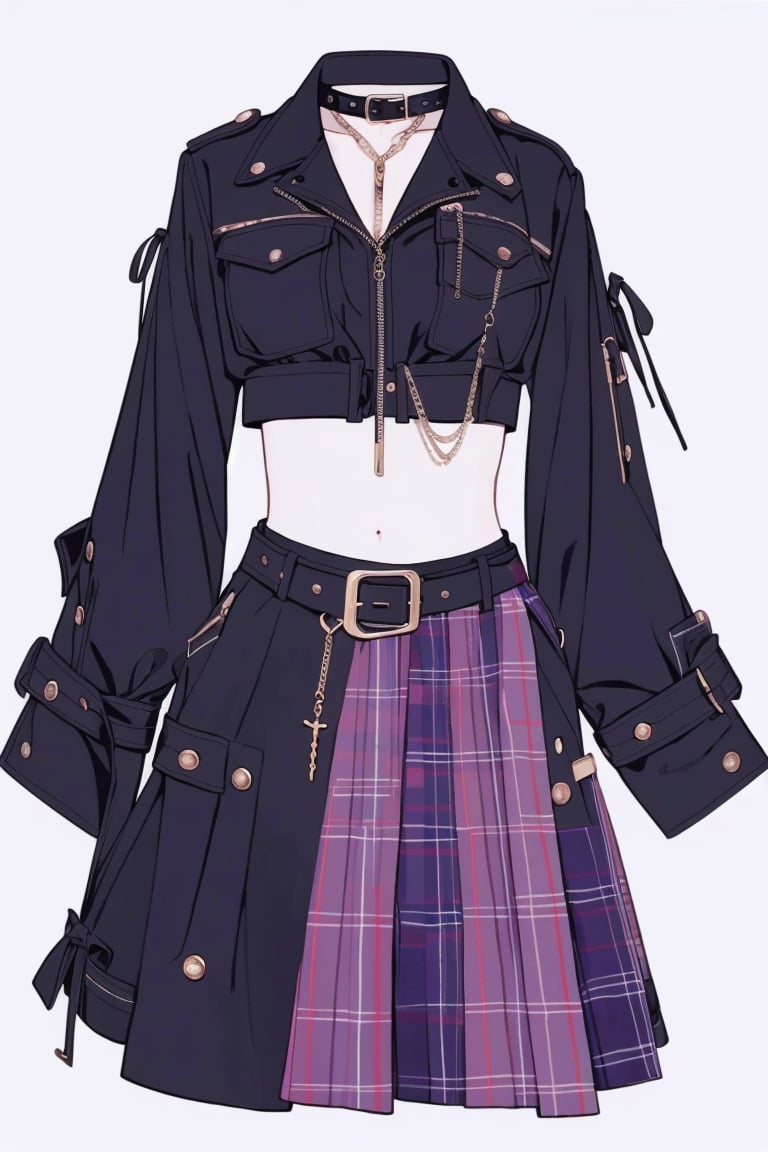 ((HRD, HUD, 8K)),((masterpiece, best quality)), highly detailed,ClothingDesign, skirt, plaid skirt, solo, belt, simple background, zipper, chain, purple skirt, white background, plaid, midriff, bandages, shirt, black belt, black shirt, navel, no humans, crop top, collar, buckle, sleeves past wrists,  <lora:20240601-1717209436687:0.8>