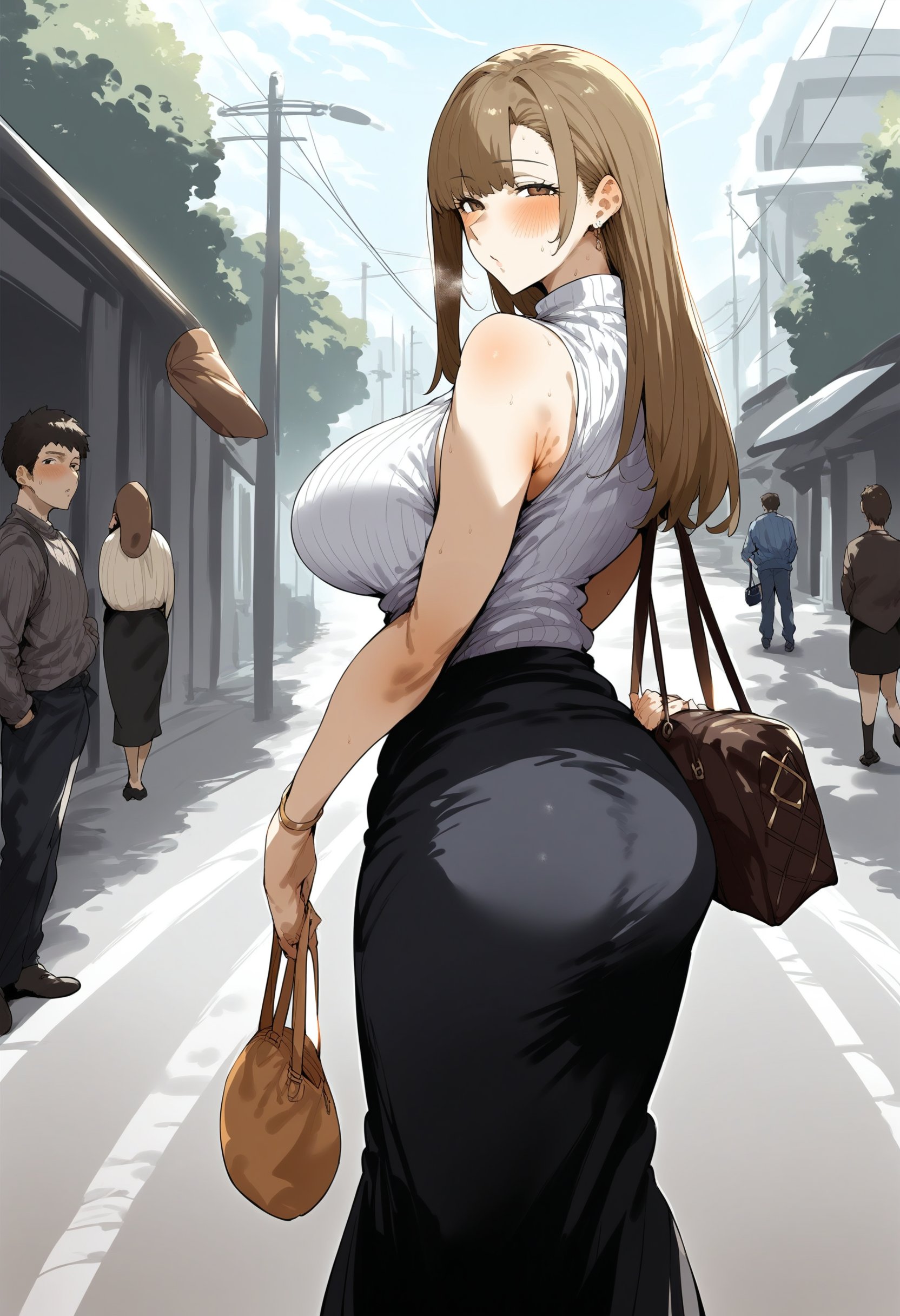 score_9, score_8_up, score_7_up, score_6_up, source_anime, <lora:STS 0.1v:1>, sexy, attractive, hot, uncensored, breasts, 1girl, skirt, sleeveless, ass, long hair, looking back, brown hair, looking at viewer, black skirt, handbag, outdoors, bag, brown eyes, pantylines, bare shoulders, shirt, sleeveless shirt, large breasts, solo focus, ribbed shirt, mature female, long skirt, from behind, bra visible through clothes, sweater, blush, road, bangs, street