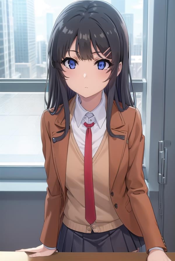 maisakurajima, <lora:mai sakurajima s1-lora-nochekaiser:1>, mai sakurajima, long hair, bangs, (black hair:1.5), hair ornament, (purple eyes:1.1), hairclip, rabbit hair ornament,BREAK skirt, shirt, school uniform, white shirt, short sleeves, pantyhose, pleated skirt, collared shirt, blue skirt, black pantyhose, red necktie, jacket, (brown jacket:1.5),BREAK indoors, classroom,BREAK looking at viewer, (cowboy shot:1.5),BREAK <lyco:GoodHands-beta2:1>, (masterpiece:1.2), best quality, high resolution, unity 8k wallpaper, (illustration:0.8), (beautiful detailed eyes:1.6), extremely detailed face, perfect lighting, extremely detailed CG, (perfect hands, perfect anatomy),