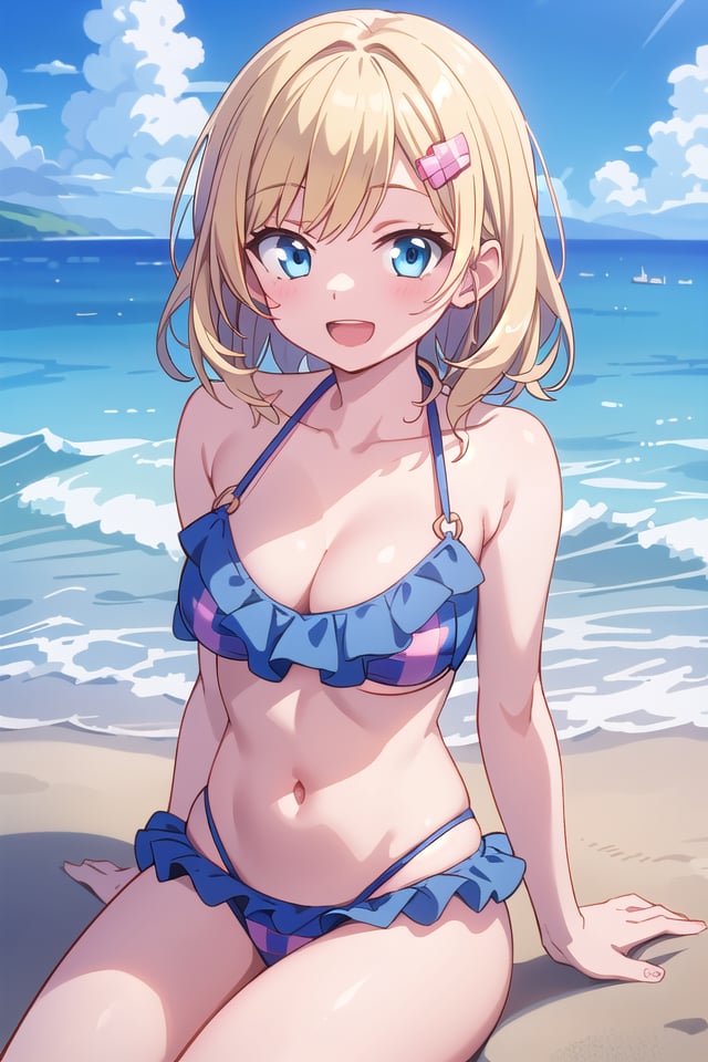 insanely detailed, absurdres, ultra-highres, ultra-detailed, best quality,(wearing pastel blue pink bikini with checked pattern with frills:1.3),1 girl, solo, happy smile, laugh, open mouth,BREAKsitting on beach, dynamic pose, cowboy shot, looking at viewer,slender, kawaii, perfect symmetrical face, ultra cute girl, ultra cute face, ultra detailed eyes, ultra detailed hair, ultra cute, ultra beautiful,BREAKbeach, coast, ocean, blue sky, cloud, outdoor, ultra detailed background,large breasts, cleavage, (blonde medium hair, blue eyes:1.2)