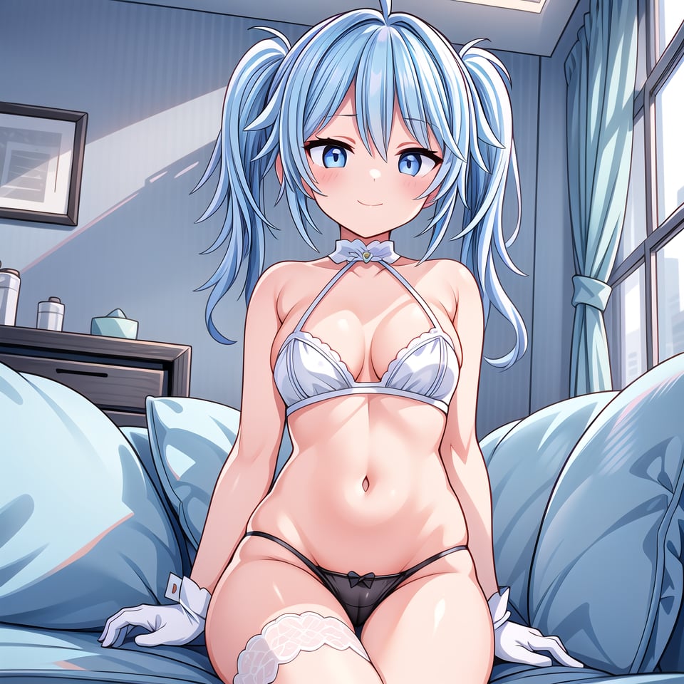 (((Thin, long twin tails and large, short twin tails overlap))), A sultry scene unfolds as the girl, adorned with vibrant blue hair and twintails, kneels on a couch in front of a window. Her long locks cascade down her back, framing her face as she gazes directly at the viewer with a bright smile. Her bangs fall between her eyes, adding to the allure. Exposed shoulders and a hint of cleavage tease the eye. She wears black gloves, high heels, and black panties that barely conceal her rounded thighs. The blue hue of her hair creates a striking contrast with the dark attire and the window's soft glow. Her small breasts are barely visible under the thin fabric of her top. The camera captures her full body from head to toe, showcasing her slender stomach, thigh straps, and a subtle peek at her butt through the slits in her thighs.<lora:EMS-3262-EMS:1.500000>, <lora:EMS-79538-EMS:0.700000>, <lora:EMS-179-EMS:0.400000>, <lora:EMS-50097-EMS:0.600000>, <lora:EMS-980-EMS:0.300000>