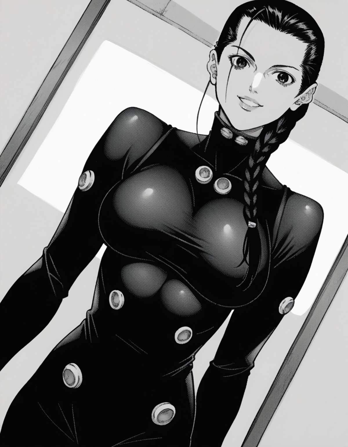 score_9, score_8_up, score_7_up, source_anime, <lora:sei-sakuraoka-manga-ponyxl-lora-nochekaiser:1>, sei sakuraoka, braid, black hair, single braid, monochrome, greyscale, large breasts,, bodysuit, black bodysuit,, indoors, smile, looking at viewer, solo,, cowboy shot, dutch angle