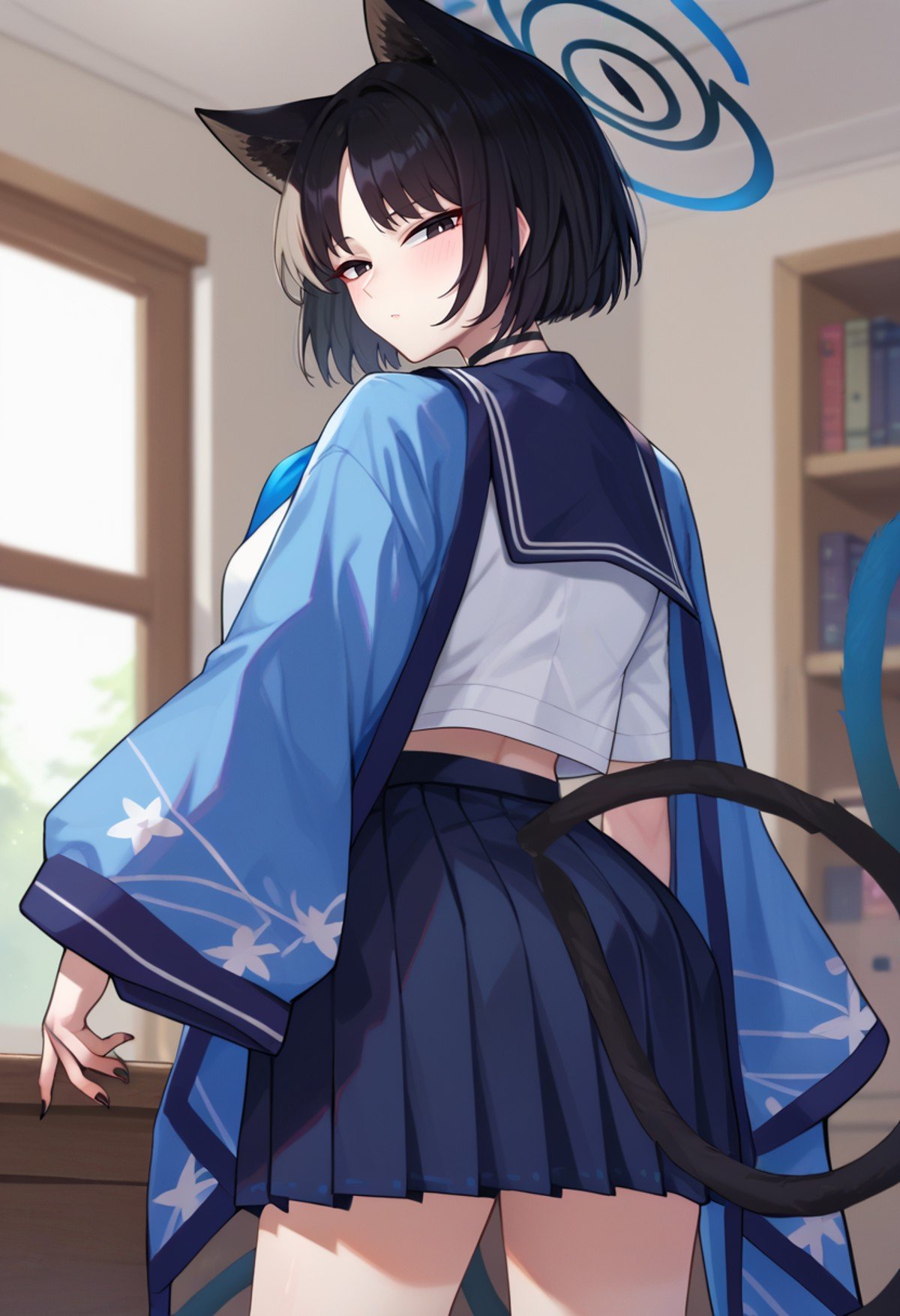 score_9,score_8_up,score_7_up,score_9,score_8_up,score_8,ultra detailed,beautiful face,highres BREAK <lora:kikyou:1>,kikyou (blue archive),1girl,solo,looking at viewer,short hair,skirt,shirt,black hair,long sleeves,animal ears,school uniform,white shirt,cat tail,pleated skirt,serafuku,choker,black skirt,sailor collar,black eyes,neckerchief,black choker,halo,blue jacket,blue sailor collar,black nails,black sailor collar,blue neckerchief,cowboy shot,room,room background,from behind,looking back,