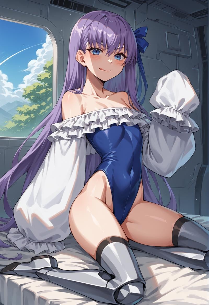 1girl, long hair, purple hair, blue eyes, flat chest, ribbon, one-piece swimsuit, white sleeves, long sleeves, wide sleeves, sleeves past fingers, frills, prosthesis, prosthetic leg, highleg swimsuit, licking lips, indoors, spacecraft interior, bed, plant, white walls, blushing  <lora:Meltryllis_XL:1>, score_9, score_8_up, score_7_up, score_6_up, score_5_up, score_4_up, BREAK source_anime, masterpiece