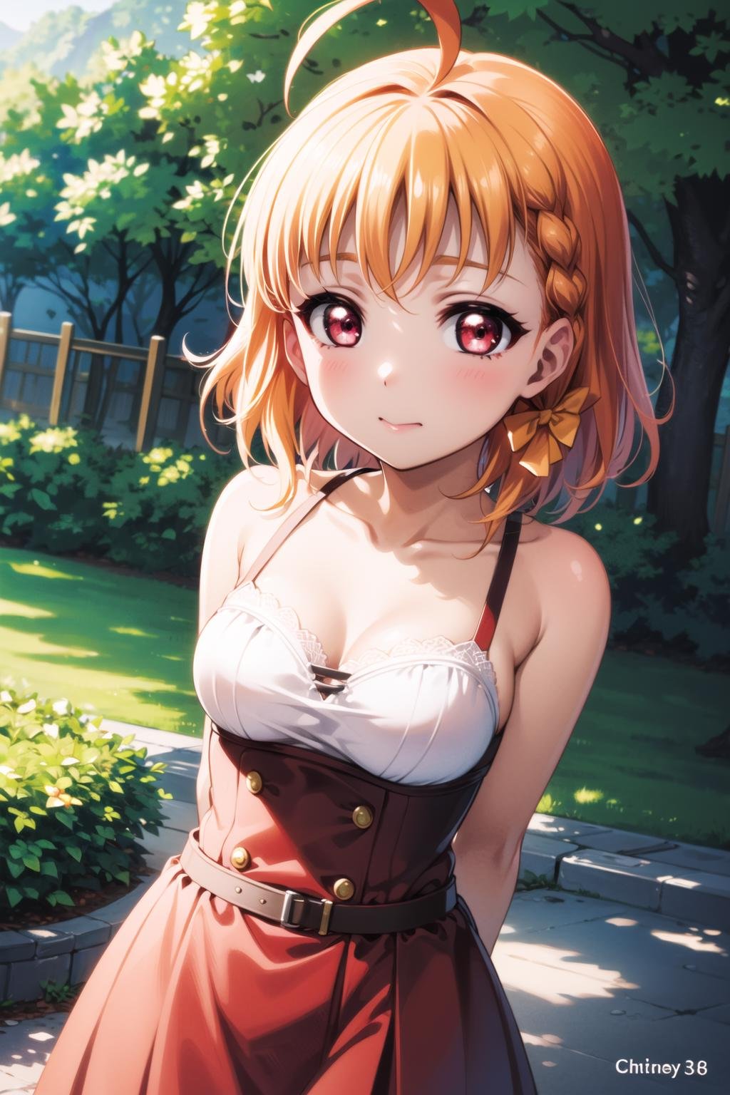 (masterpiece, best quality, ultra-detailed), (illustration), (beautiful detailed eyes), 1girl, solo,<lora:ChikaV2-06:0.65> takami chika, red eyes, medium breasts, ahoge, yellow hair bow,<lora:more_details:0.25>,dress, outdoors, cowboy shot, arms behind back, 