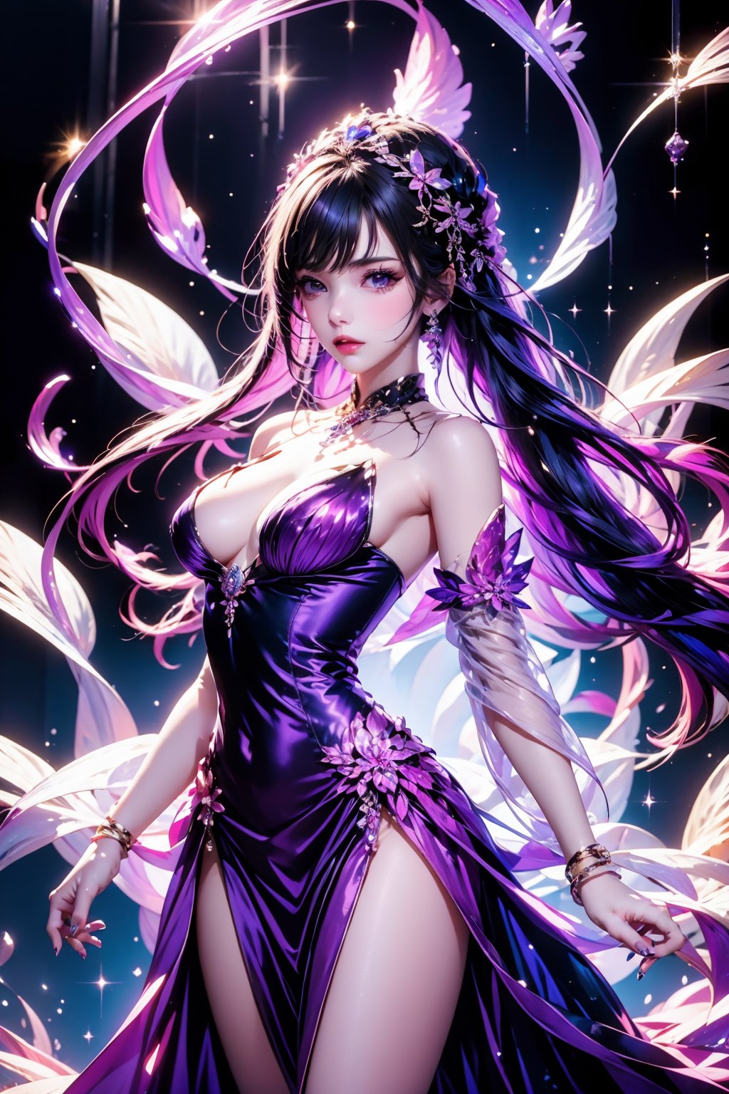 <lora:AgainRealistic_v2.0:1>,AgainRealistic_v2.0, 1girl, breasts, solo, long hair, jewelry, dress, earrings, bare shoulders, looking at viewer, parted lips, purple dress, purple eyes, detached sleeves, cleavage, braid, purple hair, large breasts, bracelet, black hair, cowboy shot, mole, lips, side slit, gem, multicolored hair, standing, hair ornament, very long hair, sparkle, see-through, red lips, pelvic curtain, floating hair, fingernails, glint, thighs, covered navel, nail polish, tiara, feathers, strapless, necklace, strapless dress, purple nails, medium breasts, makeup, glitter, eyelashes, petals, two-tone hair, colored inner hair, mole under eye, pink nails, pink gemstone