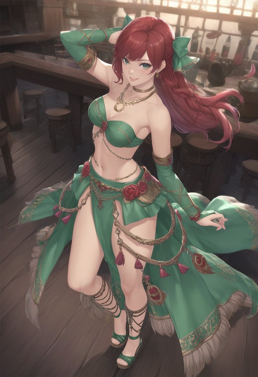 score_9, score_8_up, score_7_up, source_anime, ((1girl, solo):1.5), red hair, green eyes, tavern, on stage, long hair,BREAK full body, looking at viewer, smile, sandals, bridal gauntlets,  necklace, hair bow, bow, breasts, skirt, midriff, navel, bare shoulders, (green clothing:1.5), wedge heels  <lora:DncAf:.75> dncaf, dancing, 