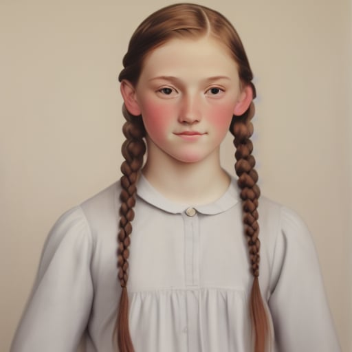 Full-body-length painting of a Young Girl: A slender, 18-year-old girl with dark russet hair tied in double plaits and light brown eyes gazes directly at the camera, exuding confidence.