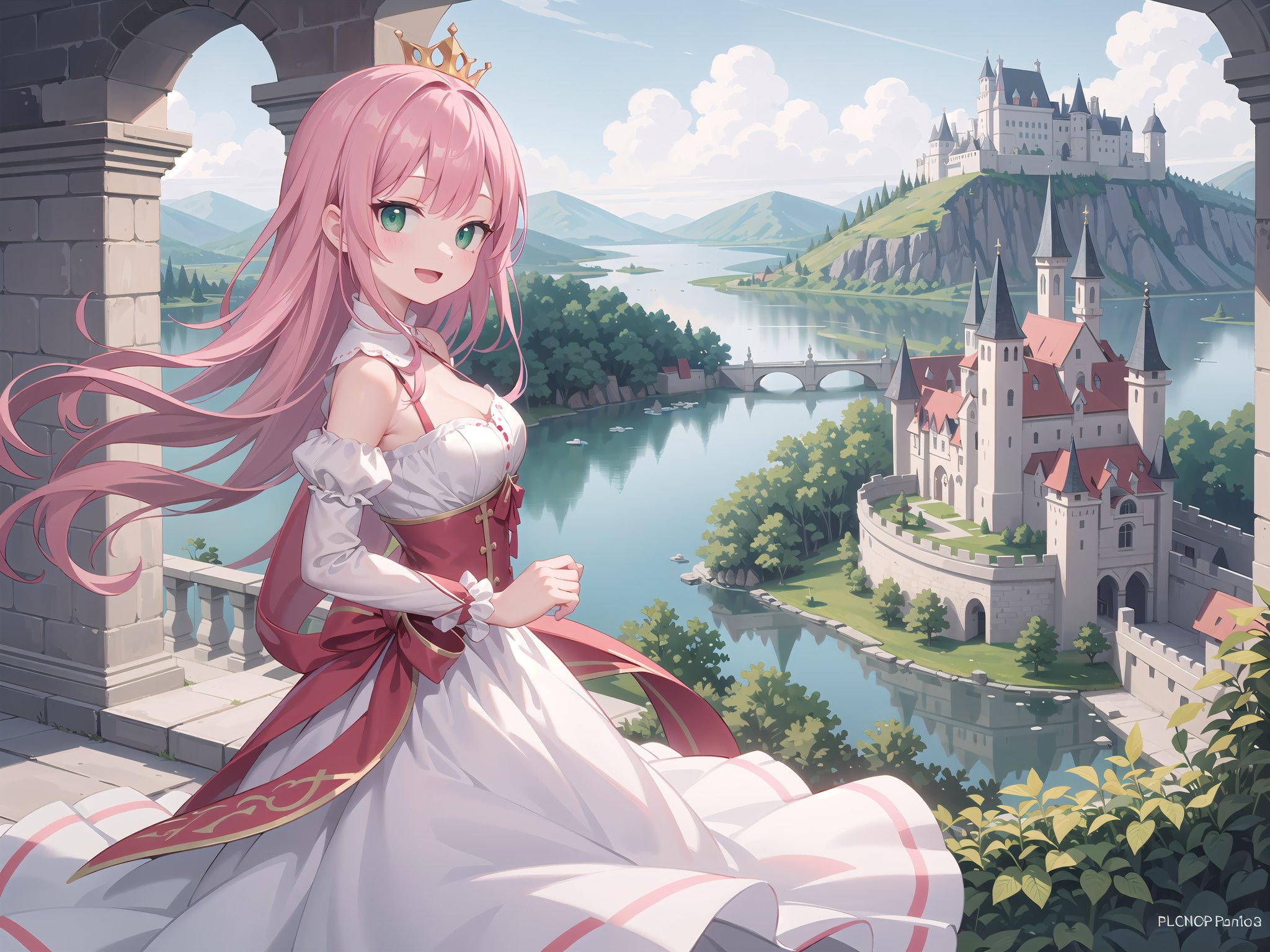 insanely detailed, absurdres, ultra-highres, ultra-detailed, best quality,1 girl, solo, nice hands, perfect hands,BREAK,(wearing princess dress), teara,happy smile, laugh, open mouth,standing,from side, cowboy shot, looking at viewer,BREAK,slender, kawaii, perfect symmetrical face, ultra cute girl, ultra cute face, ultra detailed eyes, ultra detailed hair, ultra cute, ultra beautiful,BREAK,fantasy world, (castle in background, lake:1.3), (very wide, panorama view, sense of depth, magnificent view:1.3)BREAK,princess girl, pink hair, green eyes, medium breasts