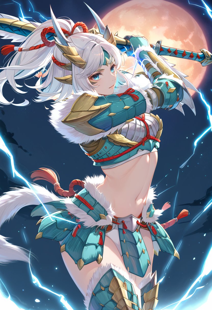 (score_9:0.9),score_8_up,score_7_up,rating_safe,anime style,(zPDXL),<lora:Zinogre armor ponyXL v2:0.83>,Zinogre armor,cyan gauntlets,cyan armor boots,1girl,weapon,sword,moon,full moon,white hair,night,cyan dragon,electricity,