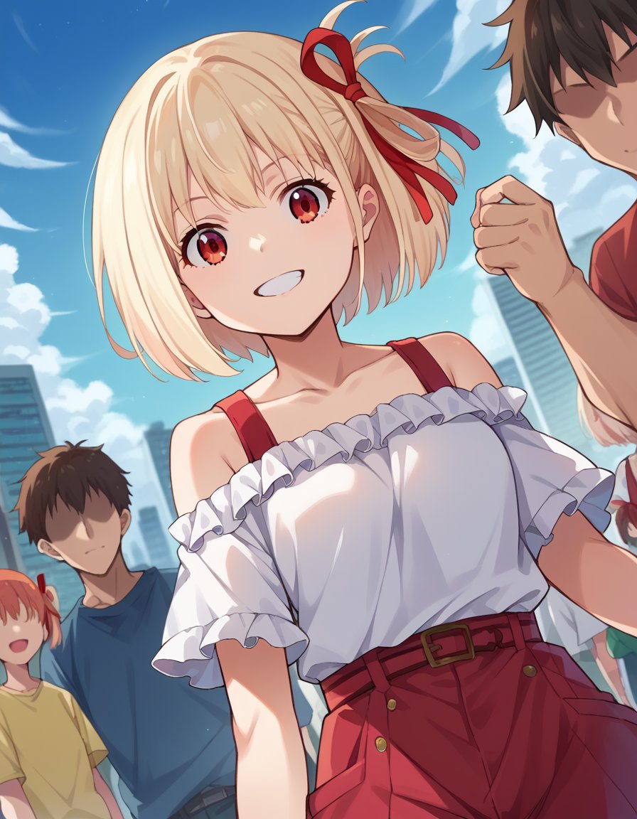 score_9, score_8_up, score_7_up, source_anime, chisatonishikigi, <lora:chisato-nishikigi-ponyxl-lora-nochekaiser:1>, chisato nishikigi, short hair, bangs, blonde hair, red eyes, hair ribbon, one side up, bob cut, smile, shirt, bare shoulders, twintails, collarbone, hair ribbon, white shirt, frills, off shoulder, red ribbon, short twintails, off-shoulder shirt, frilled shirt, outdoors, cityscape, people, crowd, looking at viewer, cowboy shot, dutch angle, dynamic pose,