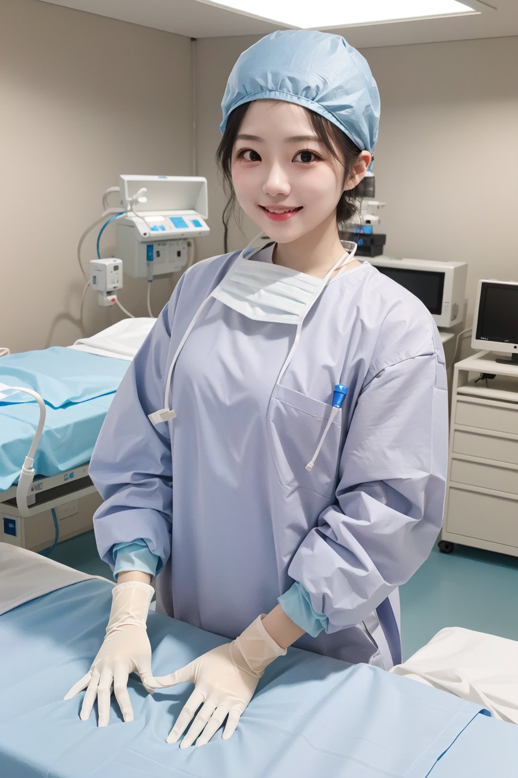 (RAW photo, best quality), 1girl, long sleeve surgical outfit, surgical gloves, surgical cap,  operating room, overhead surgical light, light smile, <lora:concept_surgical_mask_open_v2_1:1> surgical_mask_open, completely_undone, 