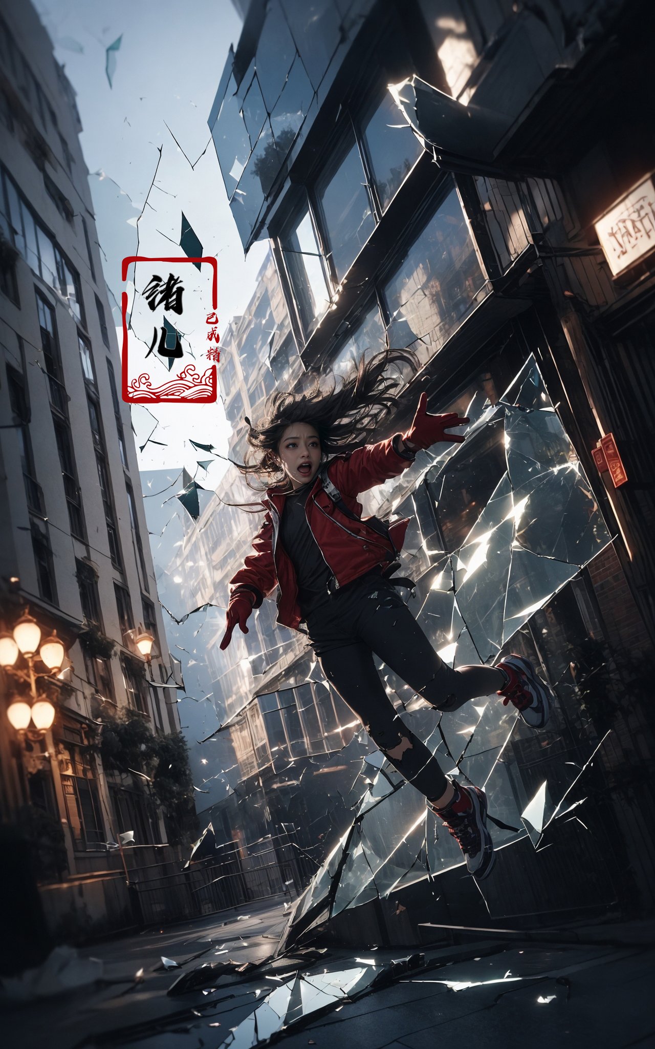 jumping，midair, (1girl, solo:1.2), open mouth, outdoors, building, (broken glass:1.5), shoes, (red gloves:1.3),Glow, reflective glass, light pollution，<lora:绪儿-跳跃构图 jumping:0.8>