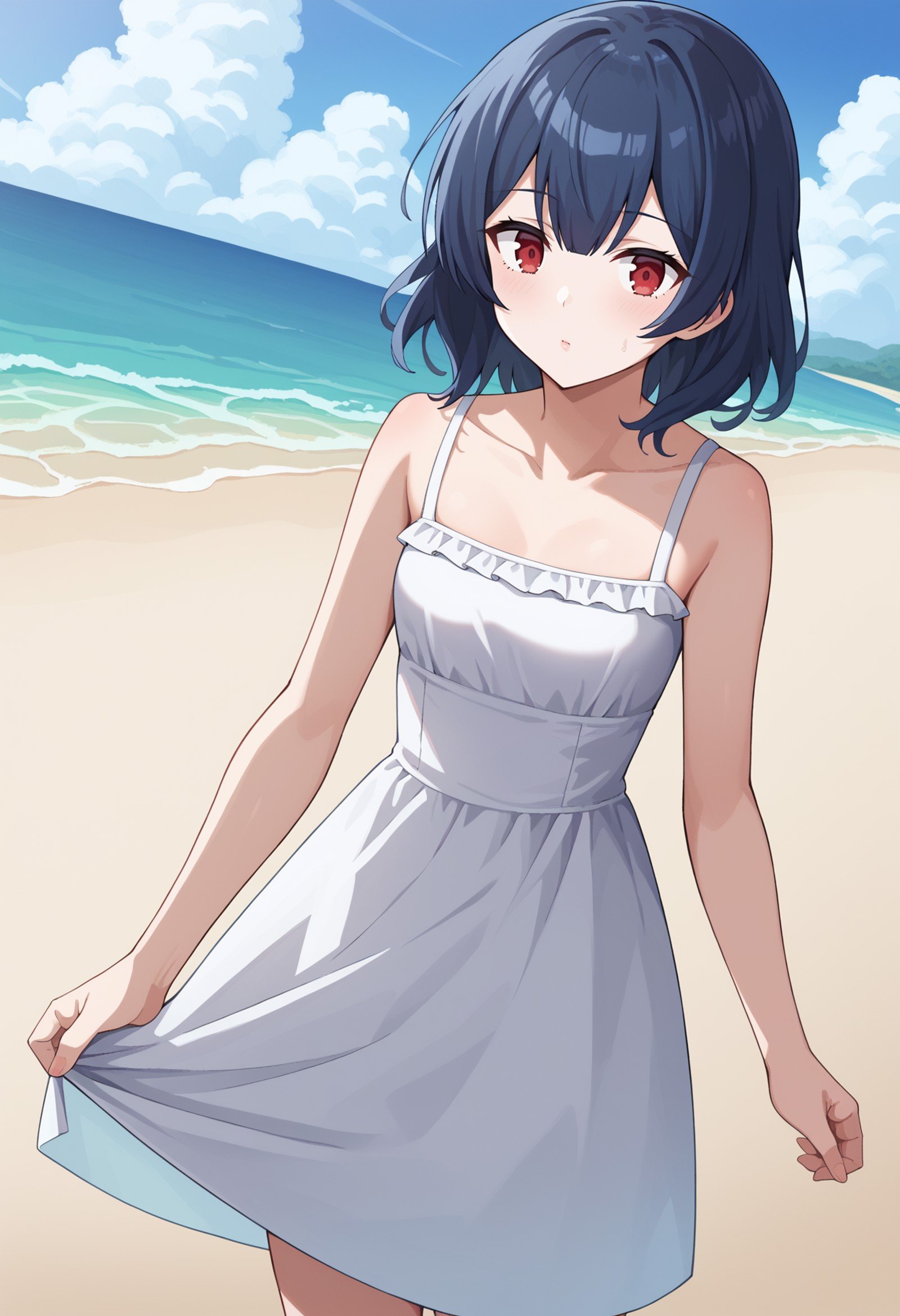 score_9, score_8_up, score_7_up, BREAK source_anime, 1girl, morino rinze, dark blue hair, ((medium hair):1.2), red eyes, white dress, sundress, gloom (expression), beach, dutch angle <lora:hskc-rinze-pony-v0.5:0.8>