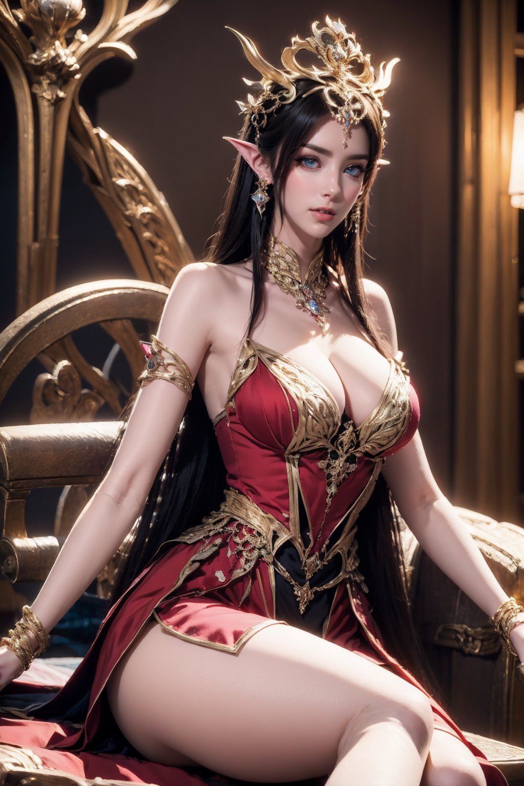 <lora:AgainRealistic_v2.0:1>,AgainRealistic_v2.0, 1girl, solo, jewelry, dress, sitting, red dress, long hair, earrings, breasts, blue eyes, black hair, hair ornament, pointy ears, parted lips, looking to the side, teeth, bracelet, necklace, collar, bare legs, indoors, medium breasts, cleavage, brown hair, dark background, large breasts, chair, metal collar