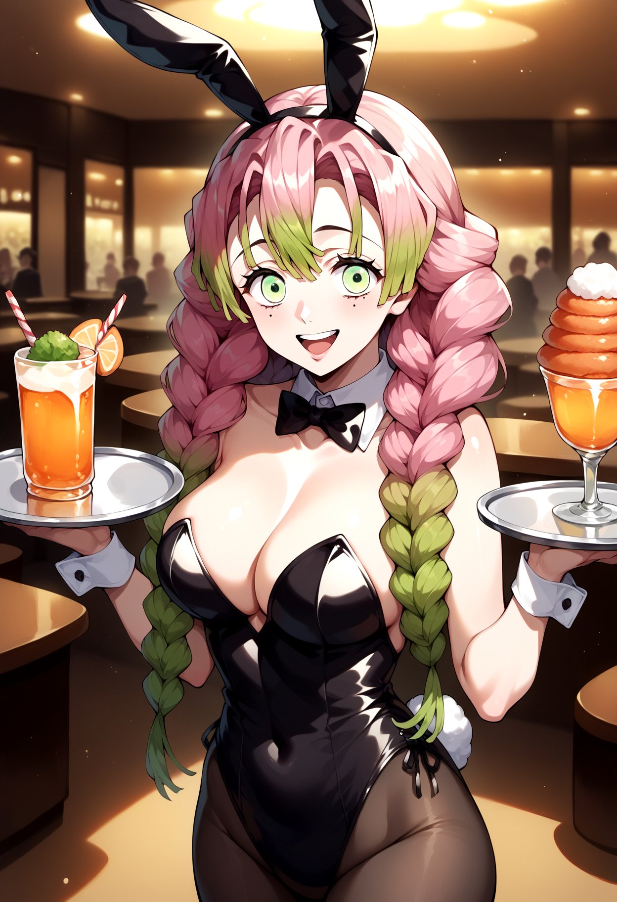 score_9, score_8_up, score_7_up, source_anime, aamitsuri, long hair, braid, multicolored hair, green eyes, mole under eye, large breasts, <lora:kanroji_mitsuri_ponyxl_v1:0.8>, playboy bunny, restaurant, holding tray, food, smile, open mouth, standing, cowboy shot, 