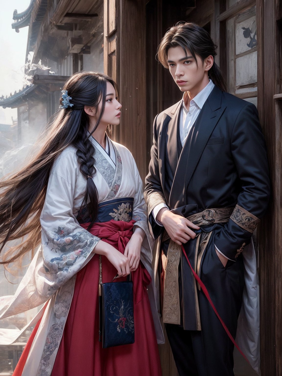 (absurd, high resolution, ultra-detailed),1 handsome man,1 beautiful girl,adult,tall and muscular man,broad shoulders,exquisite eyes,Han and Tang hairstyles,thin and enchanting women,interaction between men and women,epic love,two people Echoing action,chivalrous man,Hanfu armor,long sword,fairy couple,fairy,inn,war,smoke,martial arts,sublime,battlefield,(Chinese corner),shut up,(Colorful:1.2),<lora:wenboy_chen_v62:1>,