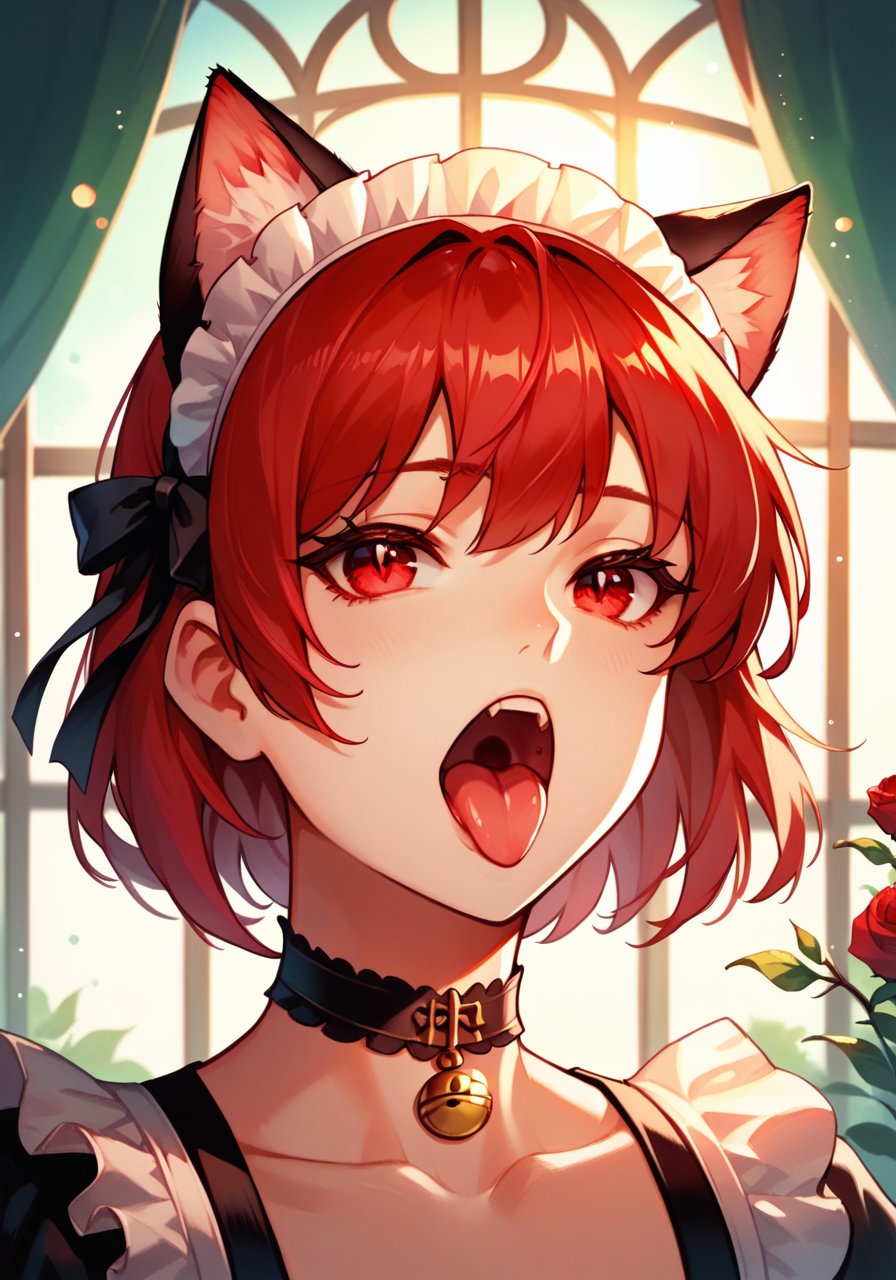 score_9, score_8_up, score_7_up, score_6_up, high quality, masterpiece, 8k, highres, detailed, portrait, 1girl, solo, cat ears, open mouth, tongue, maid, red eyes, red hair, choker, bokeh