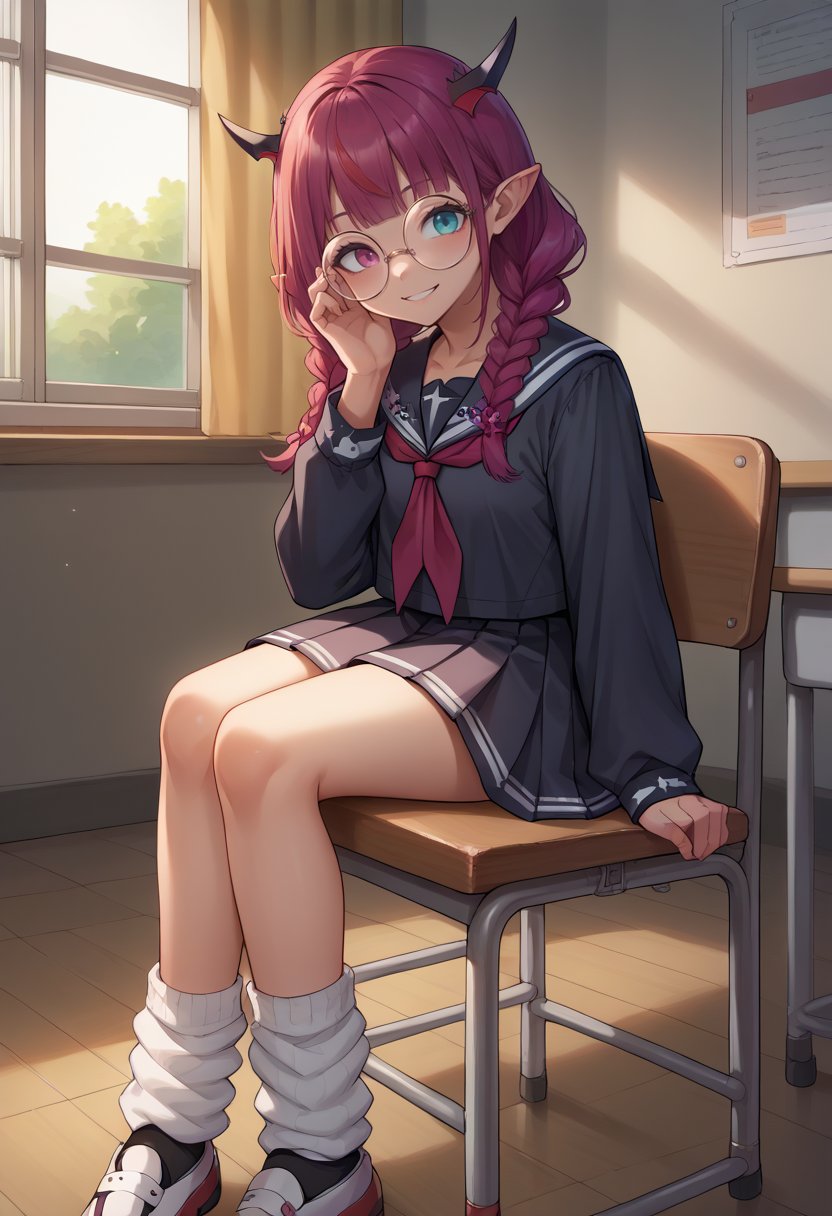 score_9, score_8_up, source_anime, 1girl, solo, IrysSchool, heterochromia, purple eye, blue eye, twin braids, long hair, round eyewear, black serafuku, red neckerchief, black skirt, loose socks, smile, sitting on chair, indoors, school, bento box, <lora:CHAR-IrysPonyXL:1>