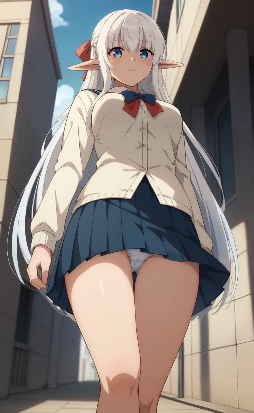 score_9, score_8_up, score_7_up, 1girl, solo,  <lora:nephilia:1> nephiliaxl, pointy ears, blue eyes, very long hair, white hair, elf, hair ribbon, nsfw, school uniform, miniskirt, pleated skirt, panties, from below, walking, street