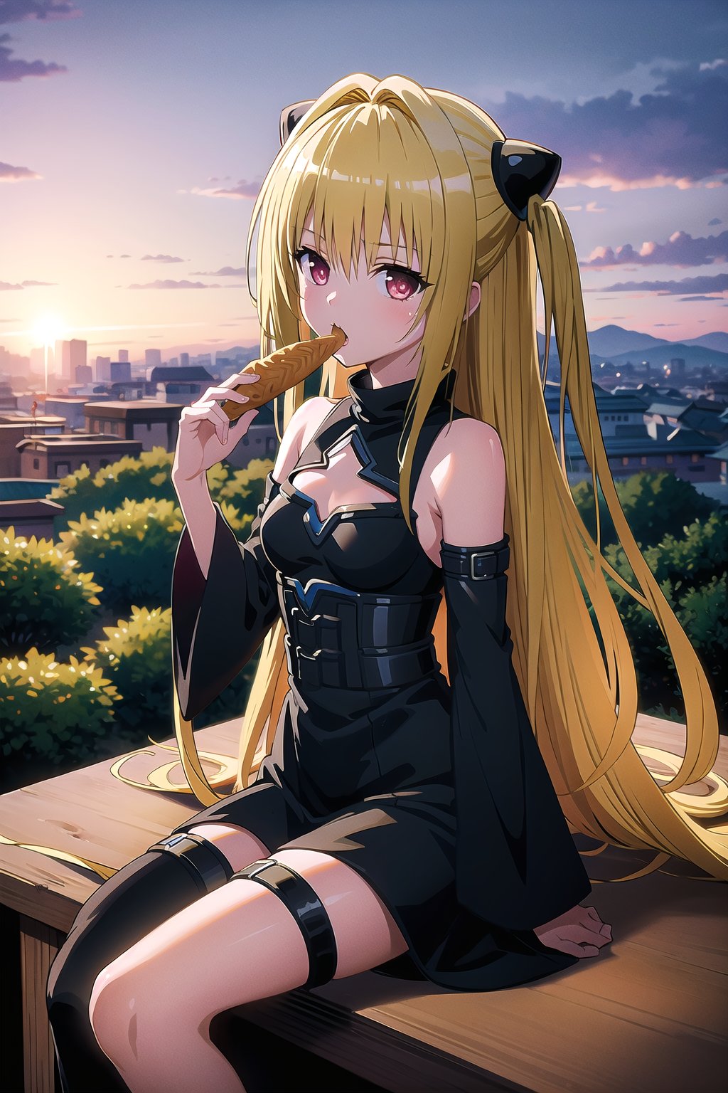 masterpiece, best quality, konjiki no yami, 1girl, dress, detached sleeves, hair ornament, sitting, thigh strap, taiyaki, eating,  esert, horseback riding, adventure, wide-open space, (sunset:1.1), (exploration:1.2), looking at viewer, <lora:tolove_all-000004:1>