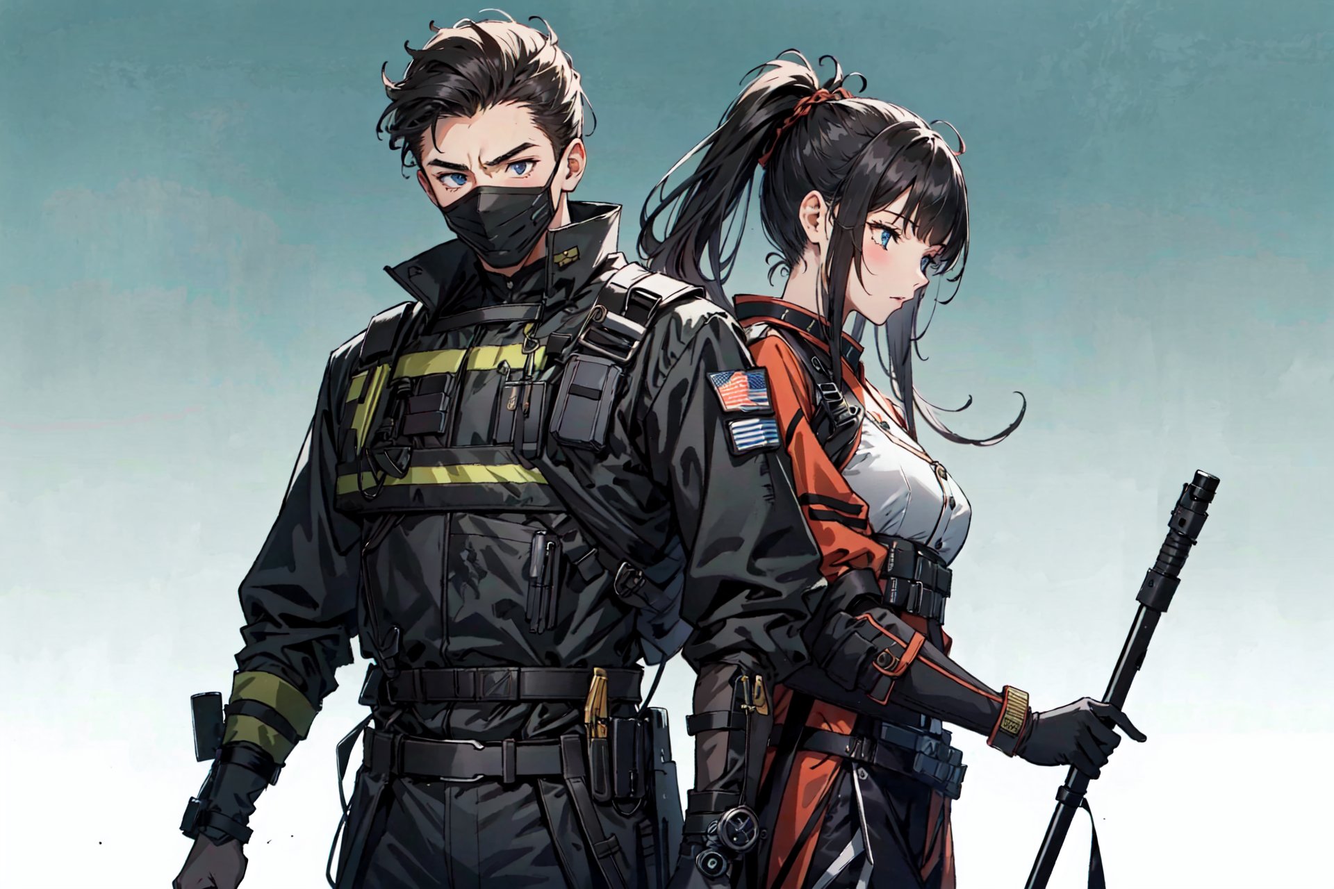 (best quality), oriental detailed background, science fiction,mechanical arms,girl with man , war, monster army, techwear,military uniform