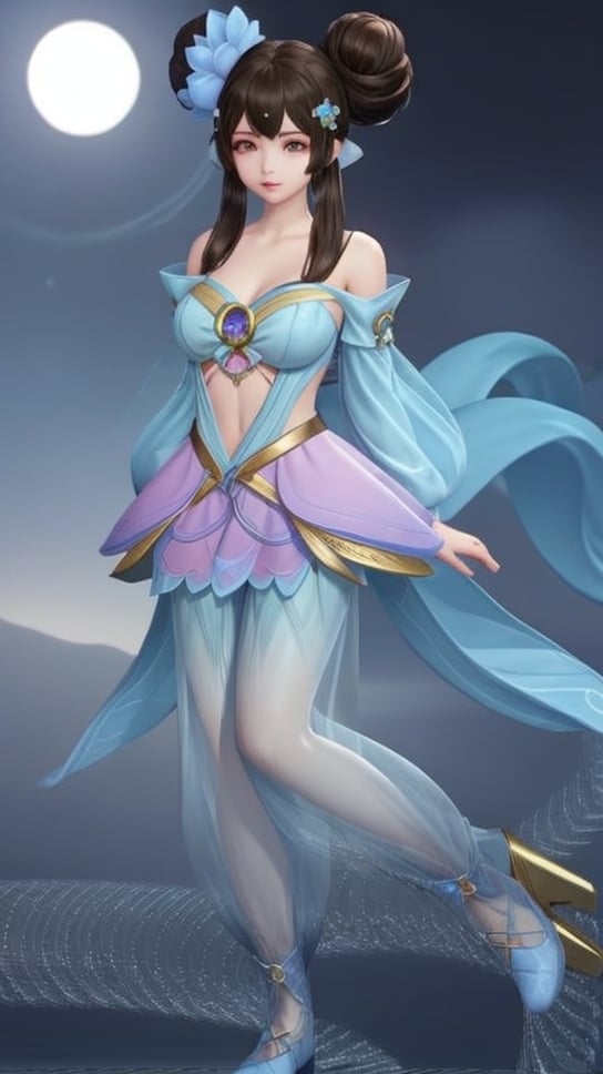 (1girl),smooth chin,masterpiece,detailed face,((hair ornament)),top quality,4k,make up,best quality,medium breasts,(looking at viewer),long legs,double bun,jewelry hair,dress,detached sleeves,ribbon,shawl,light blue skirt,puffy pants,hair rings,hair flower,(wariza),(arms behind back),bangs,jewelry on bangs,<lora:王者 小乔 青蛇SD_v1.0:0.6>,