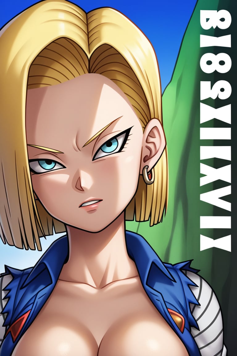 1 girl, Android 18,dragon ball,   half body portrait,movie shoot, cartoon,poster, 