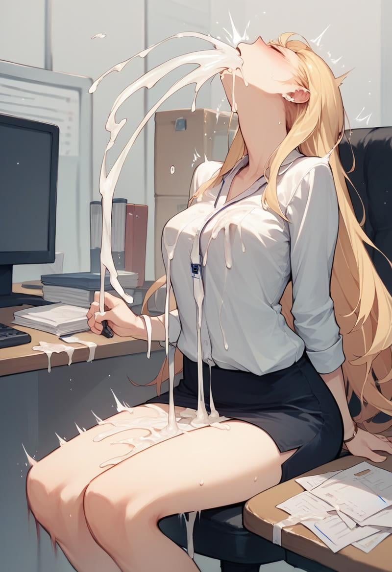 score_9, score_8_up, score_7_up, score_6_up, source_anime, <lora:extreme_bukkake_v0.1-pony:1> 1girl, long hair, blonde hair, office lady, excessive cum, dripping, moaning, sitting, 