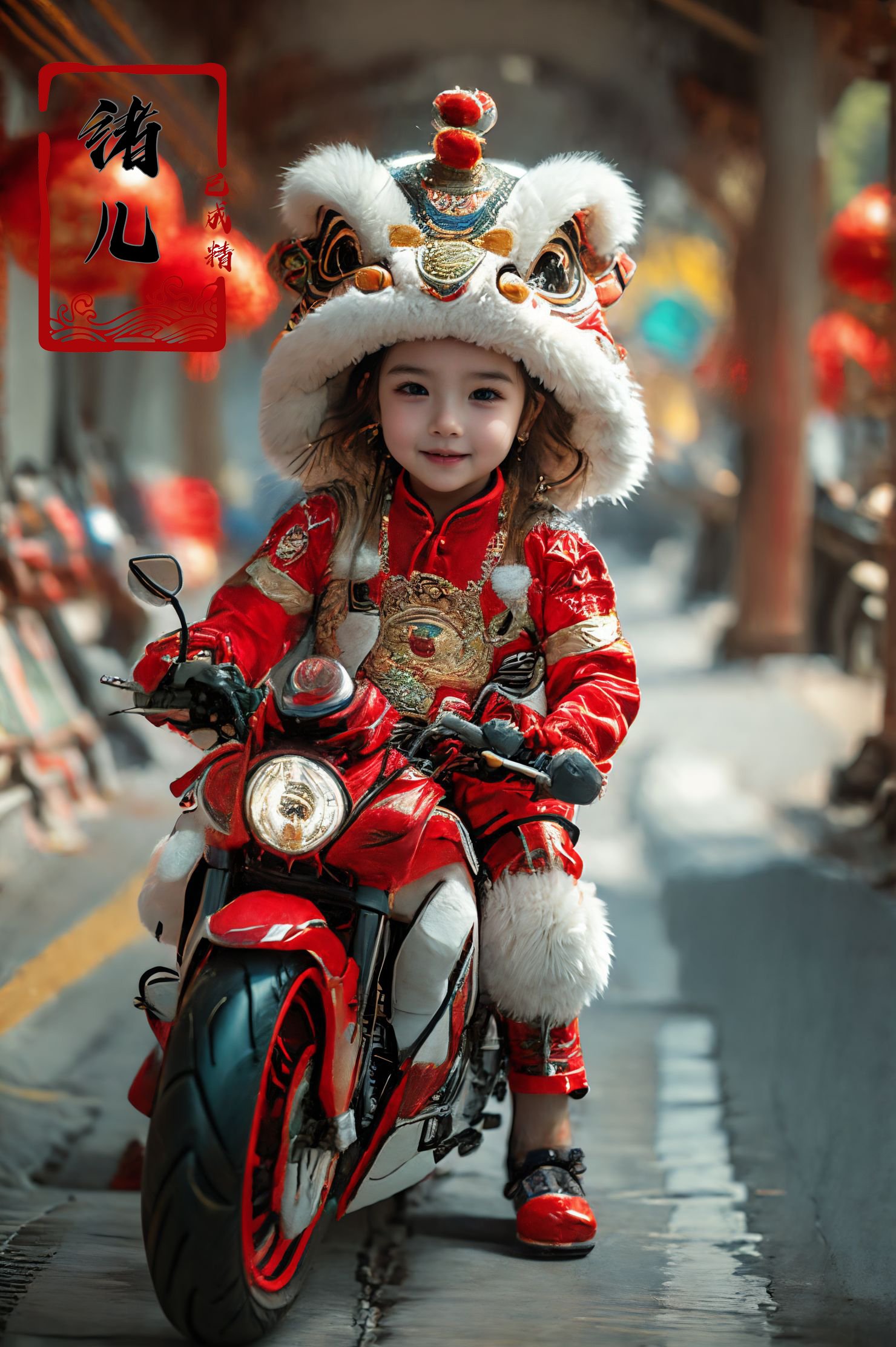 Dynamic Angle,Perspective,High Point,pov,xuer lion head,child,full body,<lora:绪儿-摩托车 xuer future motorcycle:0.7>,(hair over one eye:1.1),(city,cityscape:1.2),(egyptian_clothes:1.5),on motorcycle,xuer future motorcycle,<lora:绪儿-狮子帽儿童版 xuer lion head:0.8>,kind_smile,