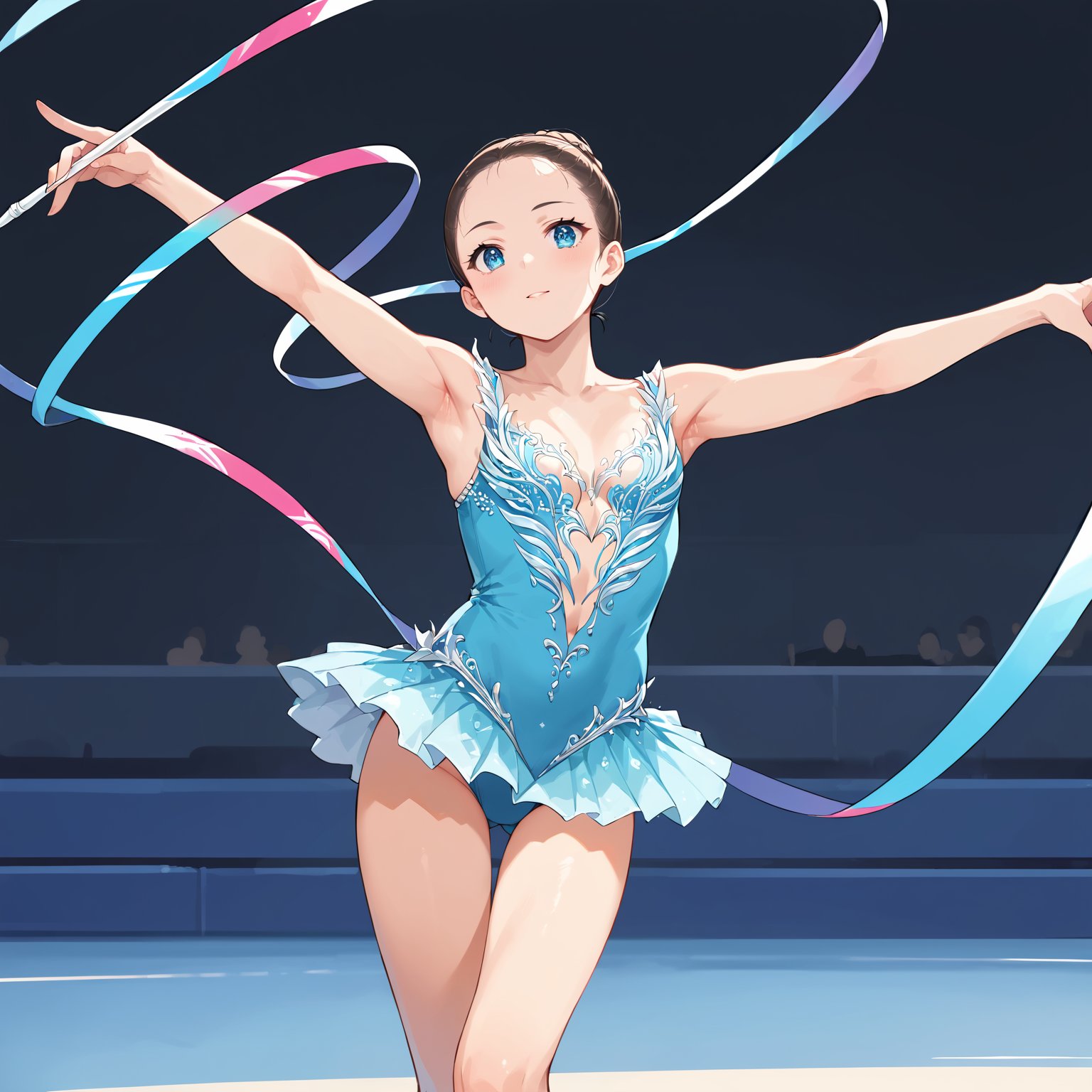 score_9, score_8_up, score_7_up,source_anime, high res image,masterpiece,best quality,girl,cute face,clear skin,shiny hair,ultra detailed eyes,simple background,  <lora:Rhythmic gymnastics_pony_V1.0:0.8> rhythmic gymnastics,leotard,split